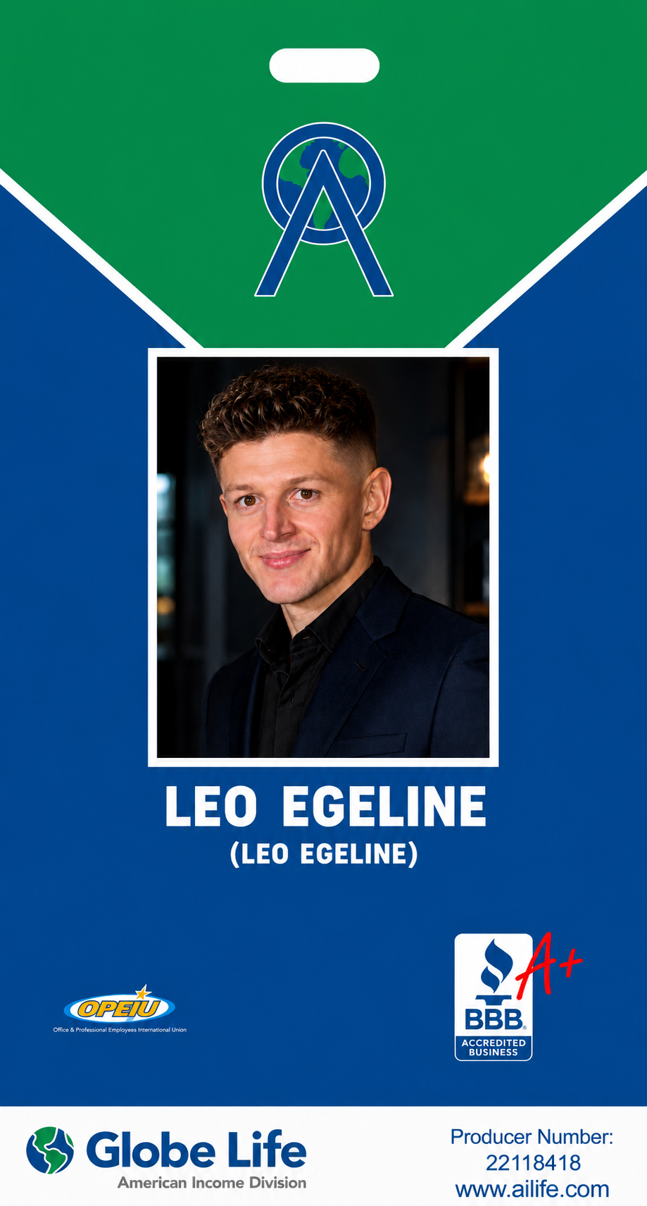 LEO EGELINE — Benefits Representative, Globe Life American Income Division ID badge